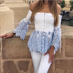 Self-Portrait White Broderie Eyelet Peplum Off Shoulder Corset Blouse